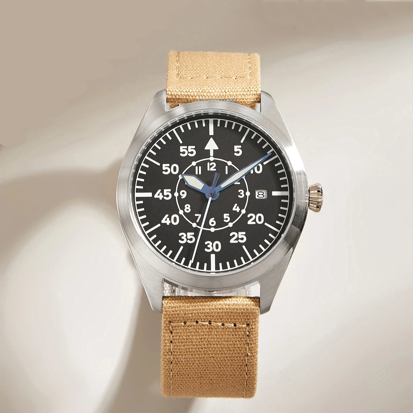 Canvas Khaki Mechanical Watch Flieger Aviator Pilot Steel Wristwatch Arrow WWII German WW2 Automatic Movement Japan Sapphire