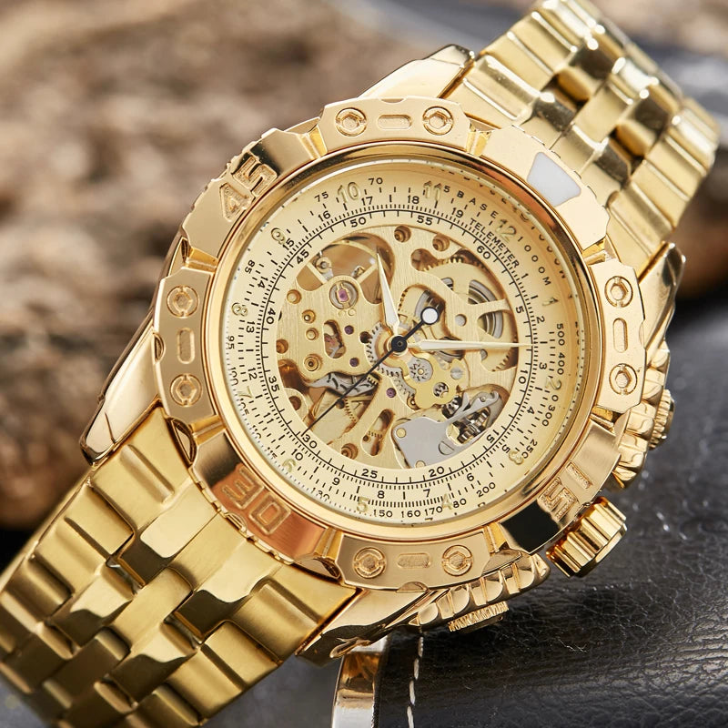 Luxury Silver Gold Automatic Mechanical Watch For Men Full Steel Skeleton Wristwatch Clock Over-sized Big Dial Relogio Masculino