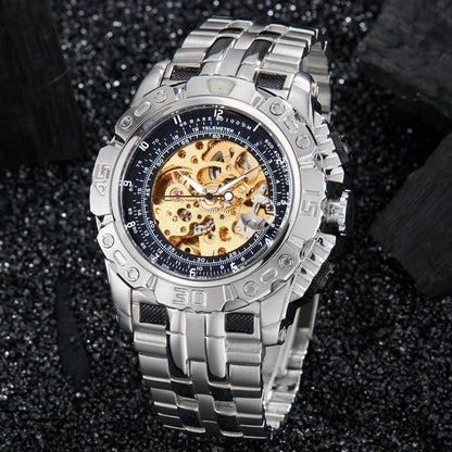 Luxury Silver Gold Automatic Mechanical Watch For Men Full Steel Skeleton Wristwatch Clock Over-sized Big Dial Relogio Masculino