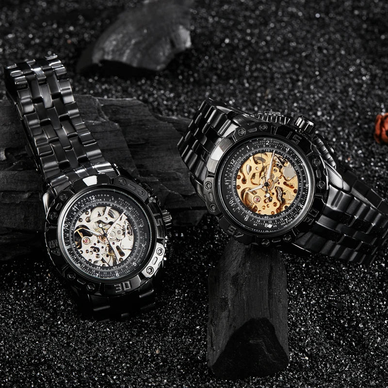 Luxury Silver Gold Automatic Mechanical Watch For Men Full Steel Skeleton Wristwatch Clock Over-sized Big Dial Relogio Masculino