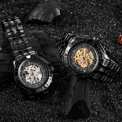 Luxury Silver Gold Automatic Mechanical Watch For Men Full Steel Skeleton Wristwatch Clock Over-sized Big Dial Relogio Masculino