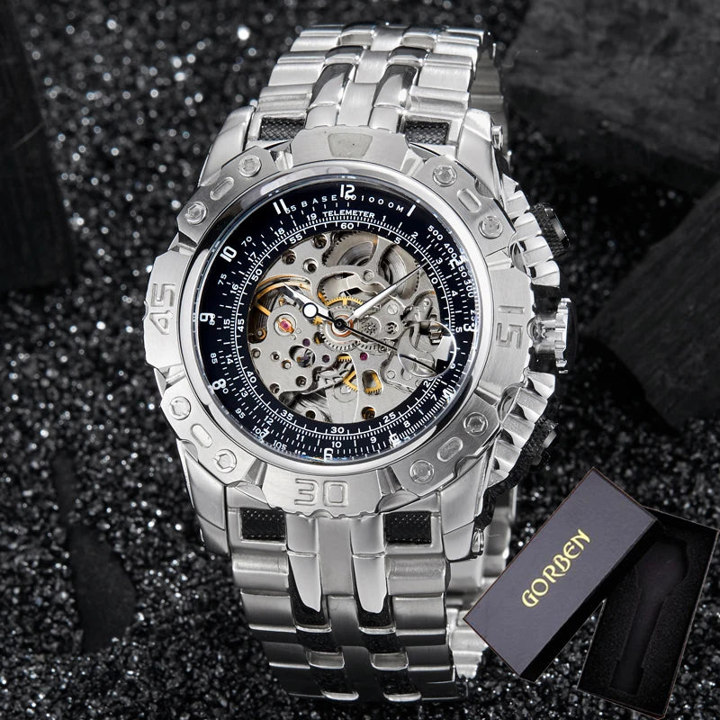 Luxury Silver Gold Automatic Mechanical Watch For Men Full Steel Skeleton Wristwatch Clock Over-sized Big Dial Relogio Masculino