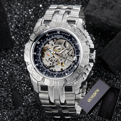 Luxury Silver Gold Automatic Mechanical Watch For Men Full Steel Skeleton Wristwatch Clock Over-sized Big Dial Relogio Masculino