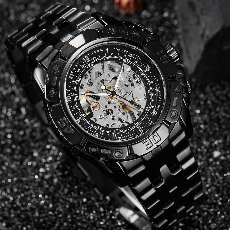 Luxury Silver Gold Automatic Mechanical Watch For Men Full Steel Skeleton Wristwatch Clock Over-sized Big Dial Relogio Masculino