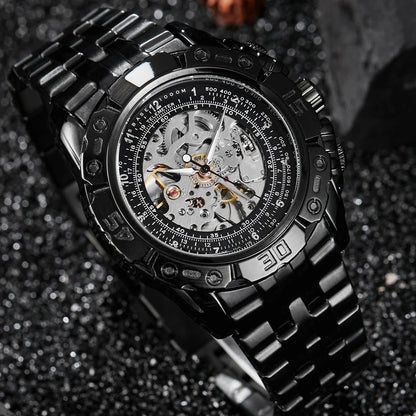 Luxury Silver Gold Automatic Mechanical Watch For Men Full Steel Skeleton Wristwatch Clock Over-sized Big Dial Relogio Masculino