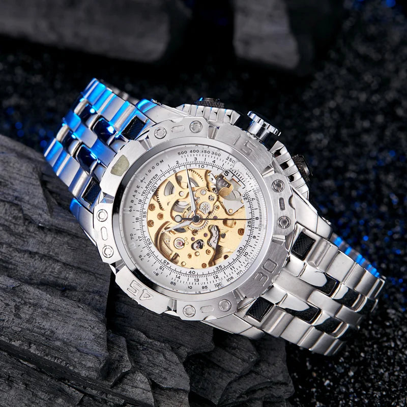 Luxury Silver Gold Automatic Mechanical Watch For Men Full Steel Skeleton Wristwatch Clock Over-sized Big Dial Relogio Masculino