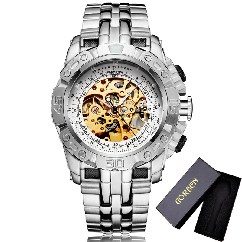 Luxury Silver Gold Automatic Mechanical Watch For Men Full Steel Skeleton Wristwatch Clock Over-sized Big Dial Relogio Masculino