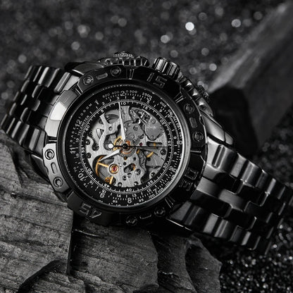 Luxury Silver Gold Automatic Mechanical Watch For Men Full Steel Skeleton Wristwatch Clock Over-sized Big Dial Relogio Masculino