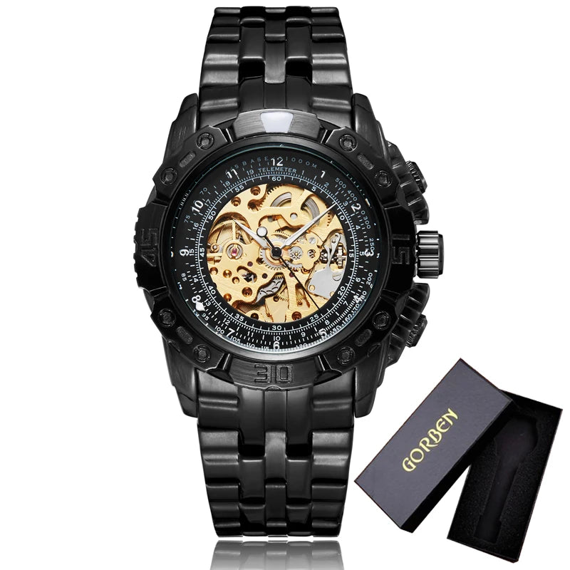 Luxury Silver Gold Automatic Mechanical Watch For Men Full Steel Skeleton Wristwatch Clock Over-sized Big Dial Relogio Masculino
