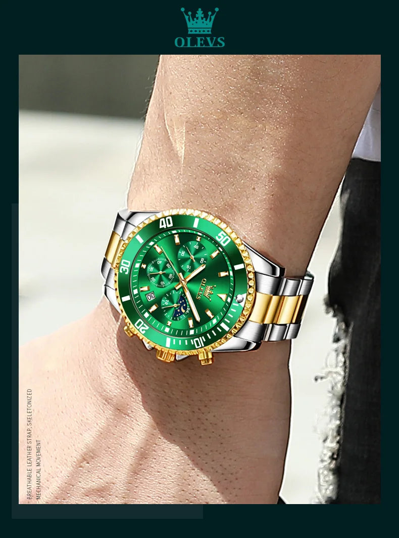 OLEVS Men's Watches Top Brand Luxury Watch for Men Original Waterproof Stainless Steel Chronograph Moon Phase Date Rota Dial
