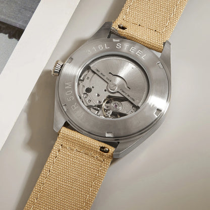 Canvas Khaki Mechanical Watch Flieger Aviator Pilot Steel Wristwatch Arrow WWII German WW2 Automatic Movement  Japan Sapphire