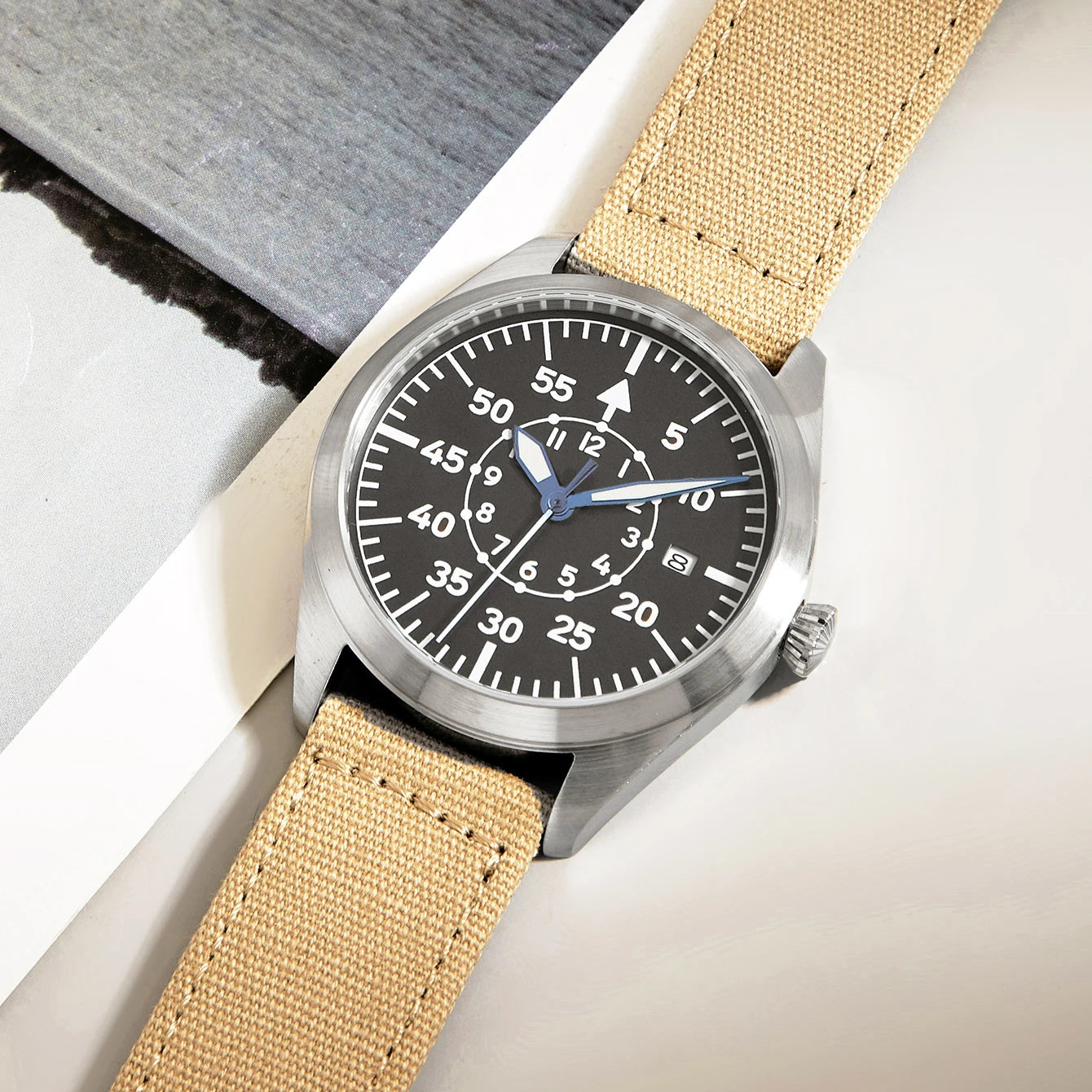 Canvas Khaki Mechanical Watch Flieger Aviator Pilot Steel Wristwatch Arrow WWII German WW2 Automatic Movement  Japan Sapphire