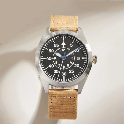 Canvas Khaki Mechanical Watch Flieger Aviator Pilot Steel Wristwatch Arrow WWII German WW2 Automatic Movement  Japan Sapphire