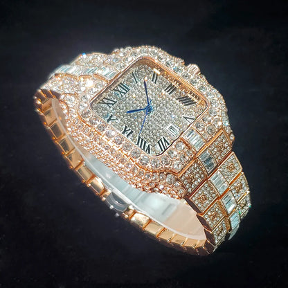 Luxurious Full Diamond Watch For Men Popular Rose Gold Iced Out Quarz Watches Fashion Hip Hop Jewelry Reloj Hombre Dropshipping