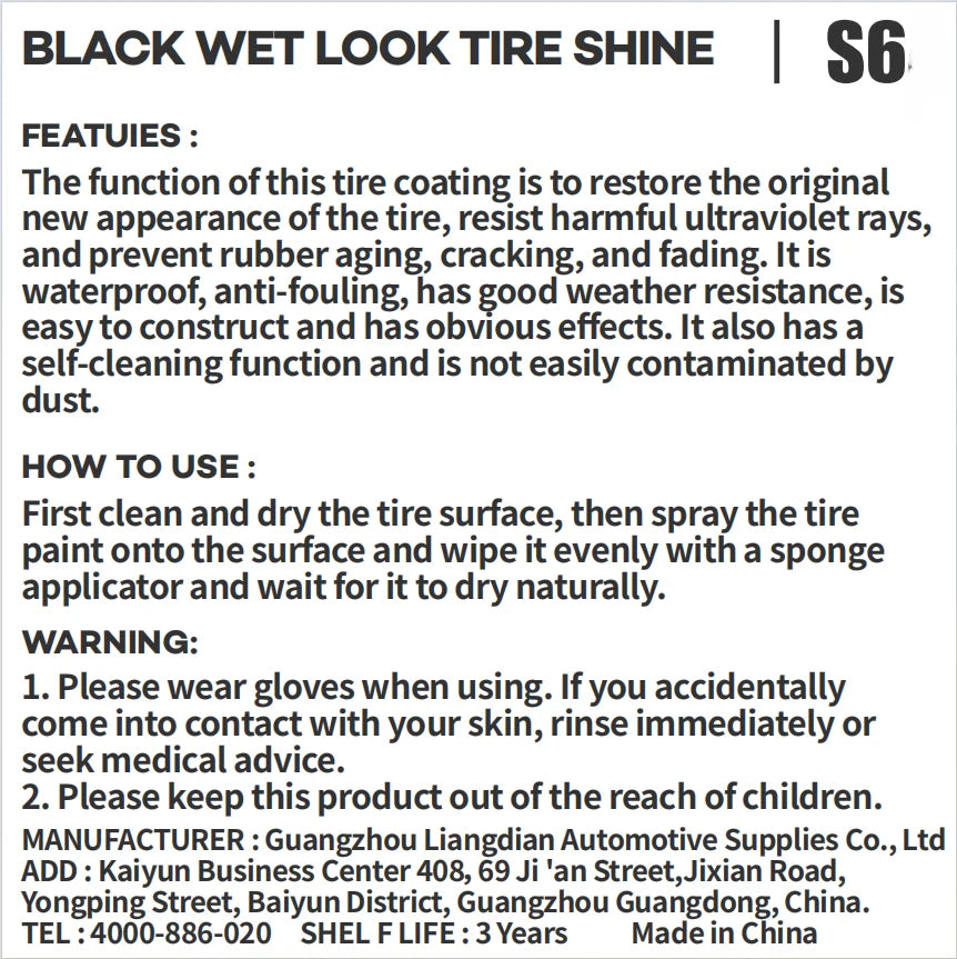 Black Wet Look Tire Shine Dressing -Automotive Clear Coat Tire Dressing Spray for Glossy Wet Tire Look,Vinyl & Plastic,Oil-Based
