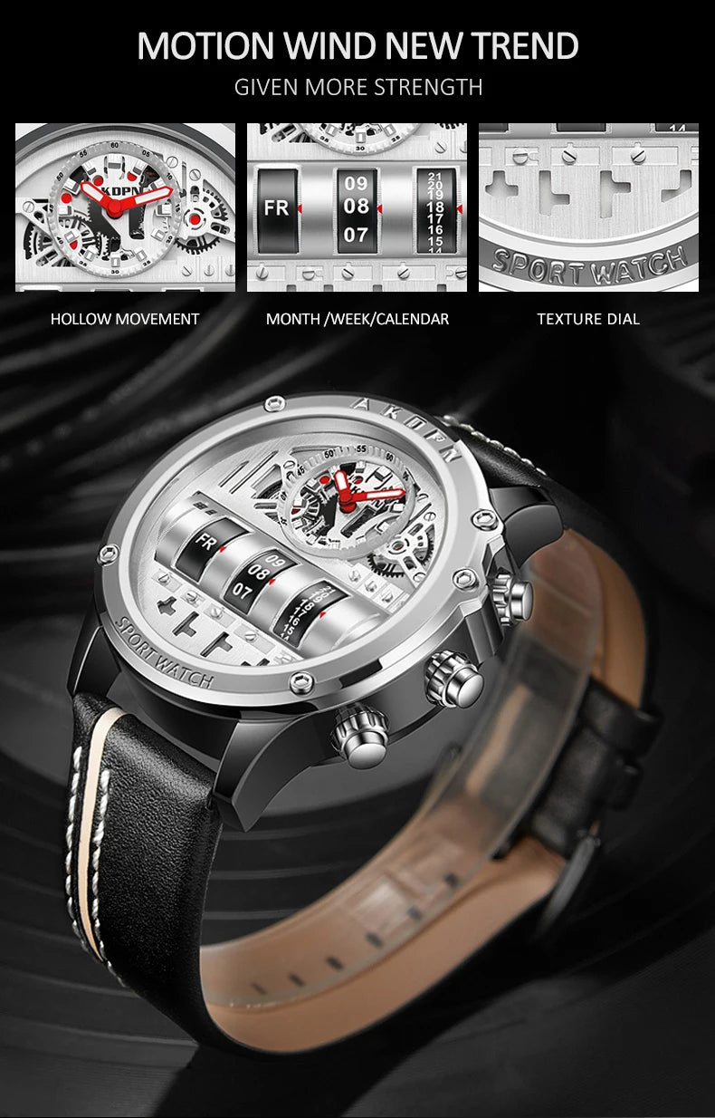 Luxury Electronic Quartz Watch For Men Business Watches Male Creative Men WristWatch Unique Rotate Date Leather Strap Watches