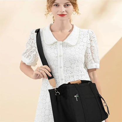 Ladies Canvas Handbag Multi Pocket Large Capacity Tote Bag Adjustable Shoulder Strap Casual Shoulder Shopping Bag