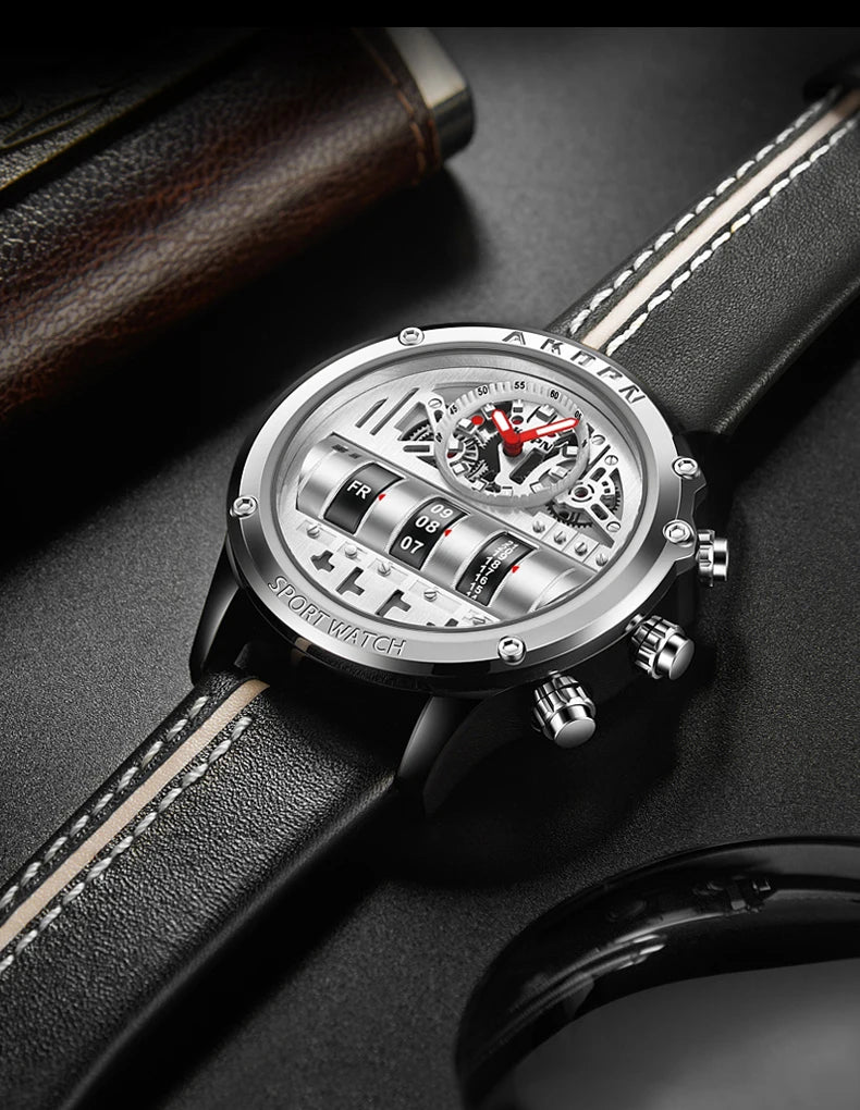 Luxury Electronic Quartz Watch For Men Business Watches Male Creative Men WristWatch Unique Rotate Date Leather Strap Watches